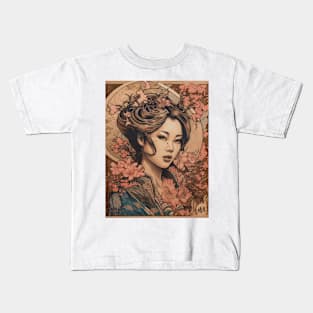 Vintage Rose Blossoms Japanese Woodblock Maple Streetwear Hipster Asian Inspired Retro Manga Samurai Dahlia Kids T-Shirt